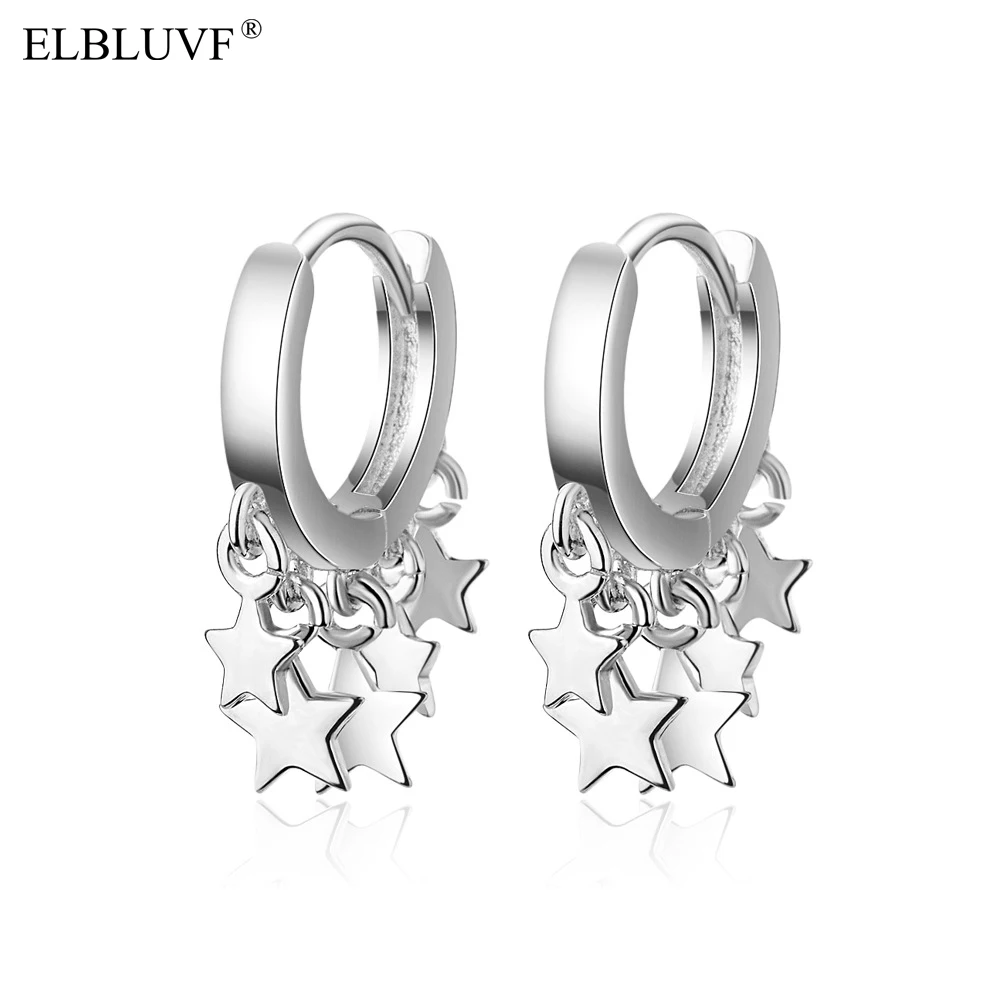 

ELBLUVF Free Shipping Silver Color White Gold Platinum Plated Copper Alloy Jewelry Korea Style Lucky Star Clasp Earrings