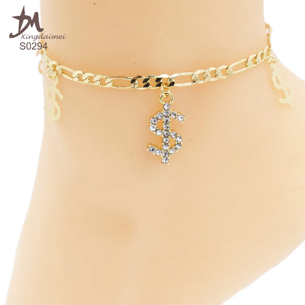 

S0294 Wholesale high quality Cuban chain Diamond money anklet bracelet, 18k gold