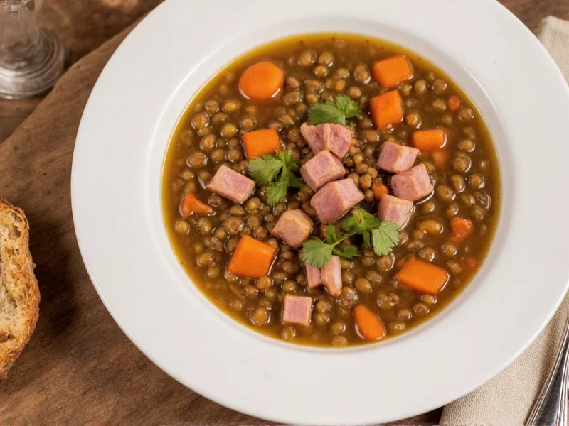 Finished gammon and lentil soup in bowl with crusty bread