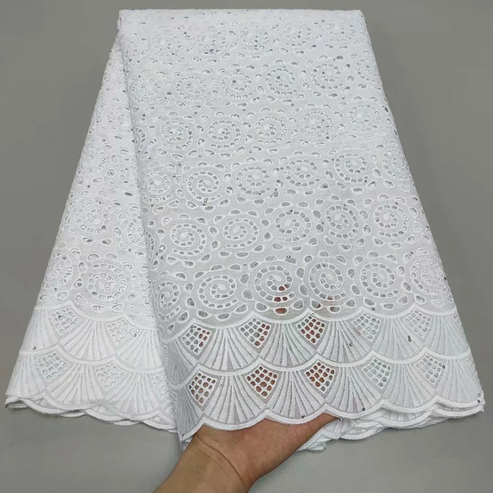 

Hot Sell Nigerian Design Cotton Lace Material With Stones High Quality Embroidery Swiss Voile Lace Fabrics Sewing Dress
