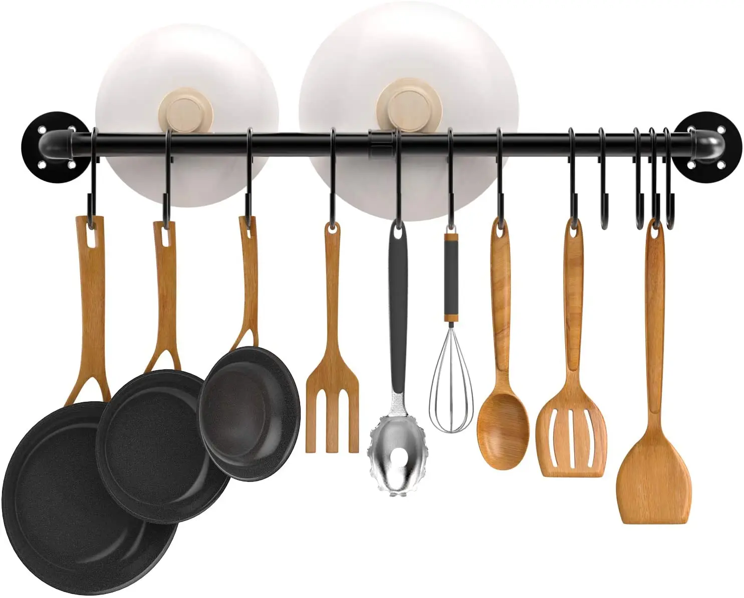 

Nuovoware 33.5 Inch Kitchen Pipe Pot Rack with 15 Detachable S Hooks, Space Saving Utensil Holder for Various Hardware Tools, Black