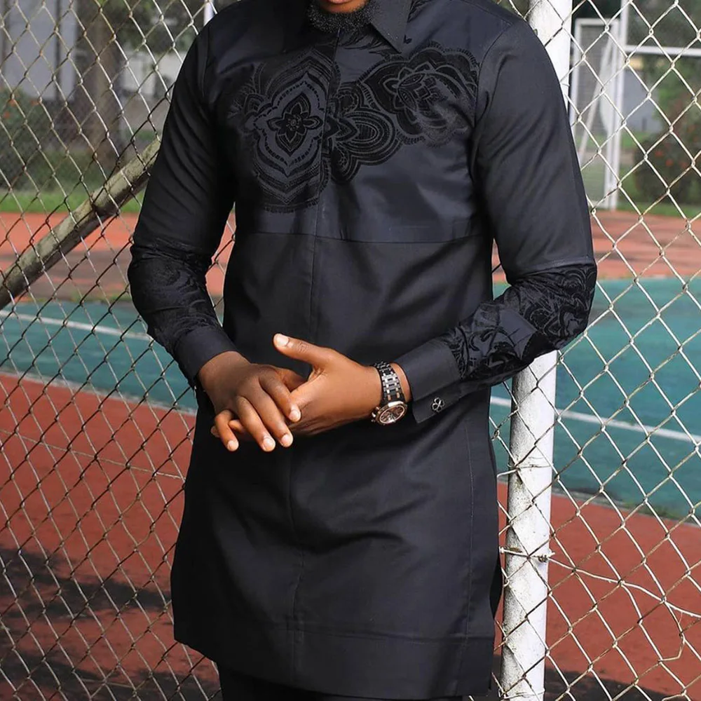 

2021 African ethnic style hot sale men's business style printing lapel long sleeve fashion solid color shirt high quality, Black or customized