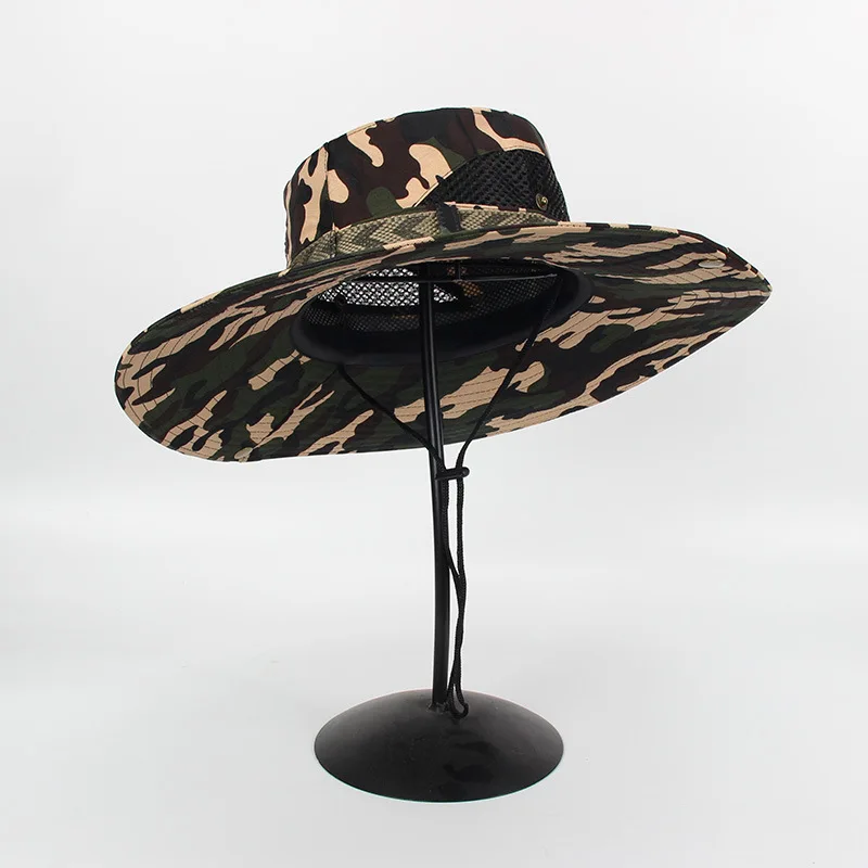 

New Wide Brim women men Camping Fishing Hunting Cap Custom Tactical Camo Bucket Hat with String