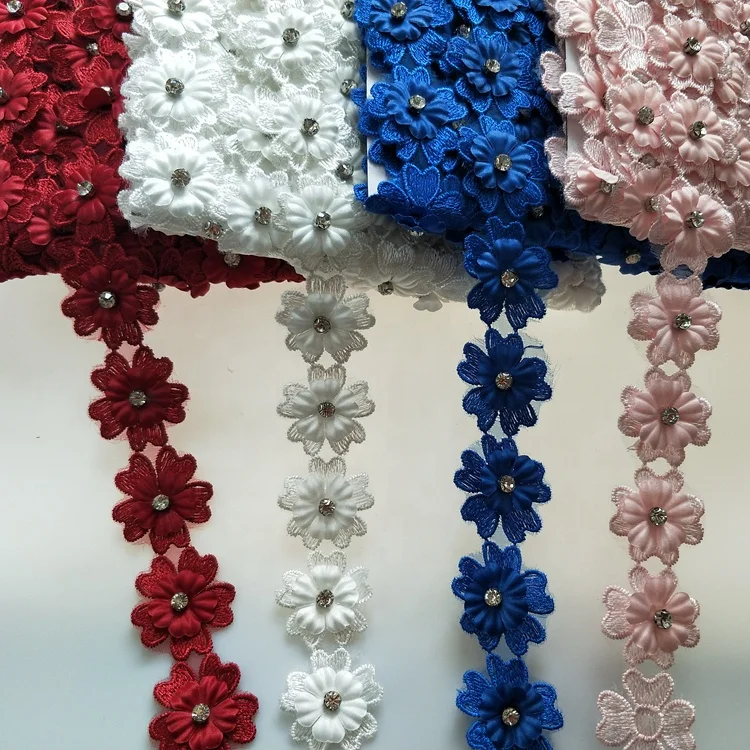 

35mm Embroidered Flowers lace with Zircon crystal diamond decoration, 13 colors