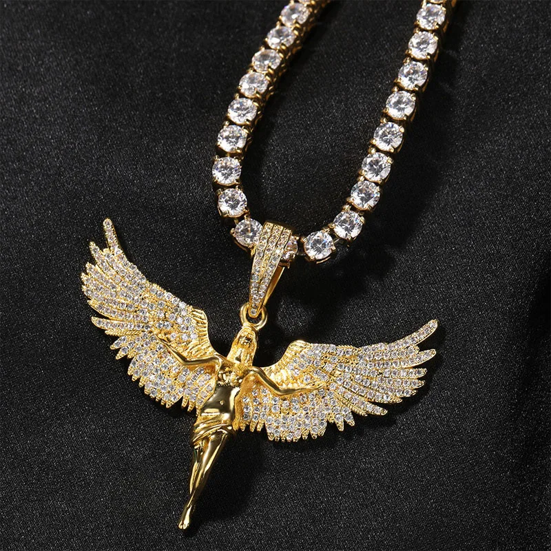 

New Arrival Hiphop Angel Jewelry 18k Gold Plated iced out bling cz diamond skull men pendant necklace wholesale