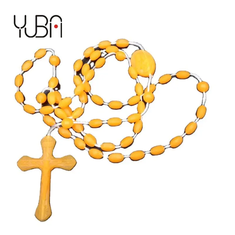 

whole sale cheap luminous Rice Shape Plastic Beads Catholic Rosary Necklace for kids, 10 colors