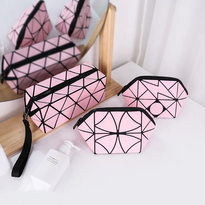 

Low MOQ Wholesale PU Leather Women Hand Bags Geometric Pink Bag Cosmetic Bags For Makeup Organizer