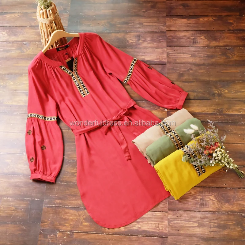 

Factory Supply Embroidery Bohemian Long Sleeves Casual Stripe Midi Dresses For women, Green,red,yellow,khaki