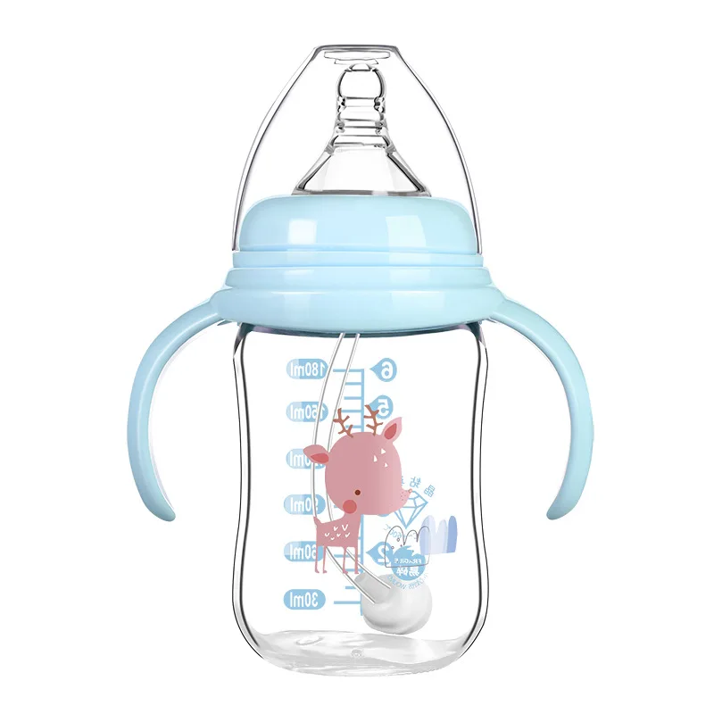 

Anti-colic Gift New baby feeding bottle milk baby feeding bottle 180ml glass baby bottle with handle and straw, Pink,blue