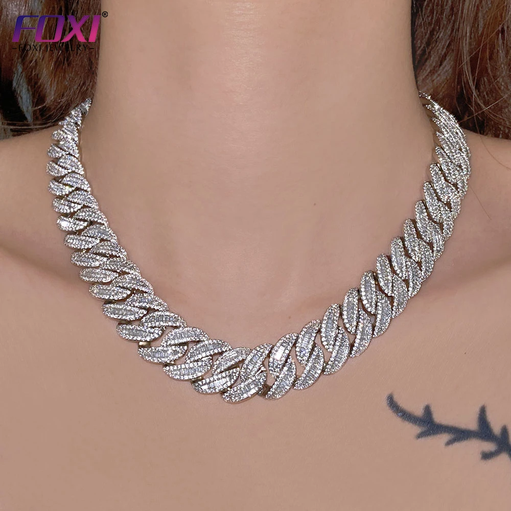 

Foxi jewelry silver Cuban chain necklace men's and women's ice out Miami chain baguette diamond hip hop necklace