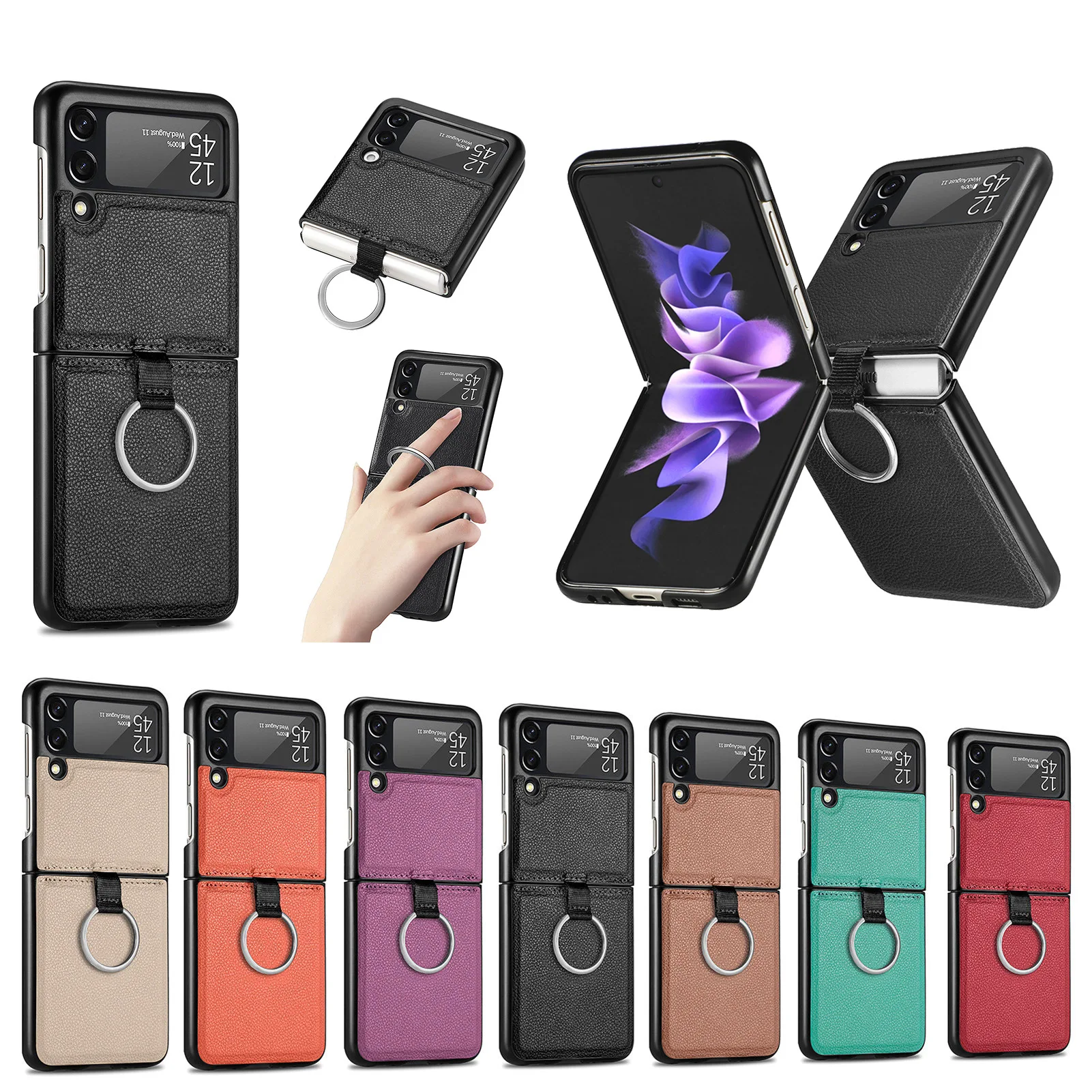 

New Luxury Leather Z Flip 3 Hard Pc Pu Cover With Key Ring Cell Phone Case For Samsung Galaxy Z Flip 3 5g