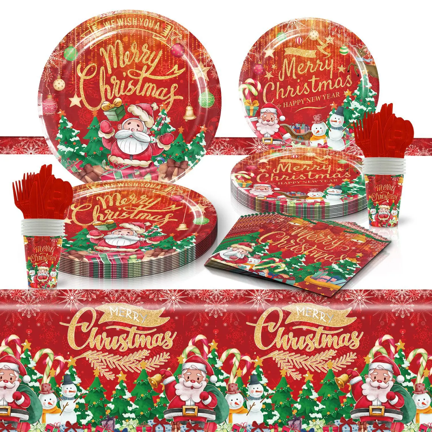 

Merry Christmas Santa Snowman Red Cup Napkins Themed Kids Party Supplies Disposable Plate Christmas Paper Tableware