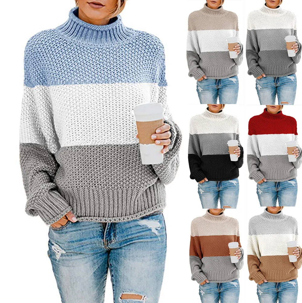 

Custom Logo OEM & ODM ladies Turtleneck Knitwear Women Pullover Striped Knit Jumpers Cotton Knitted Plus Size Sweater