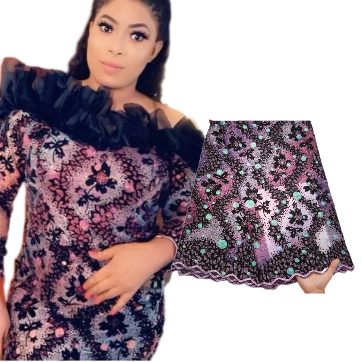 

Free Shipping African Sequin Lace Fabric Embroidery Velvet With Sequins Nigerian Lace Fabric 2021 For Dress 2612