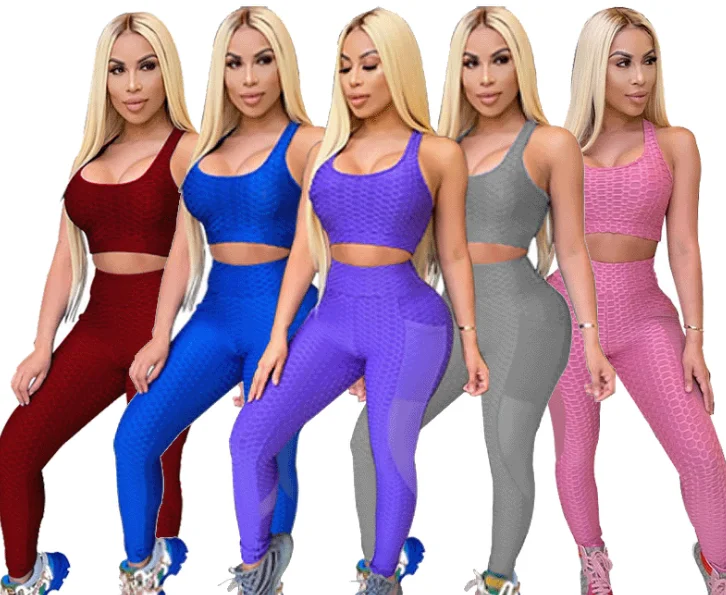 

2021 Fashion Women Clothing Sexy Track Suits Mesh Vest Two Piece Yoga Set Sports Suit