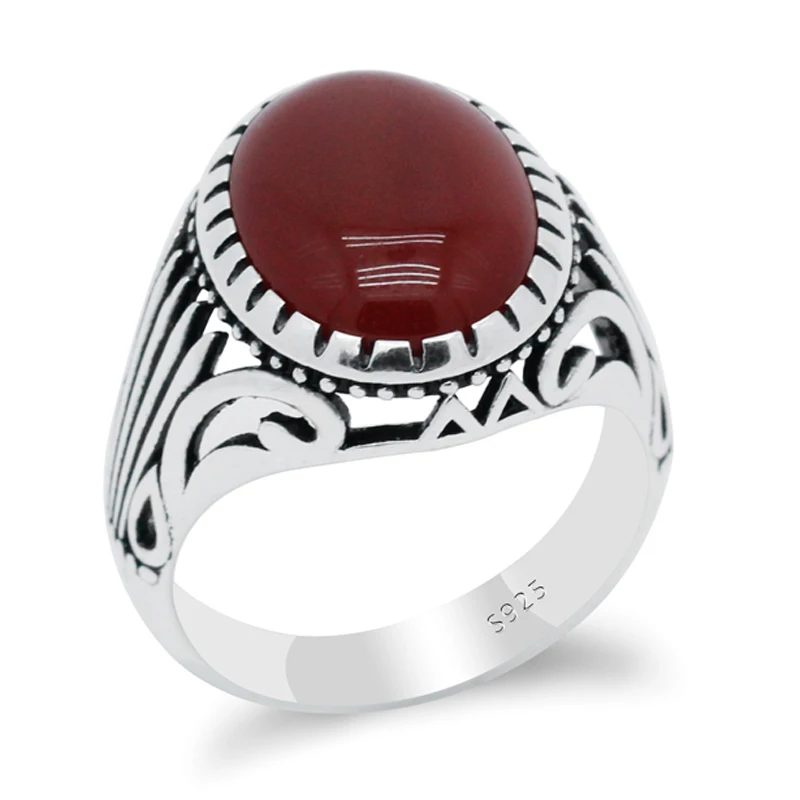 

Red Agate Stone Ring 925 Sterling Silver for Men Oval Natural Stone Thai Silver Original Ring for Male Turkish Handmade Jewelry