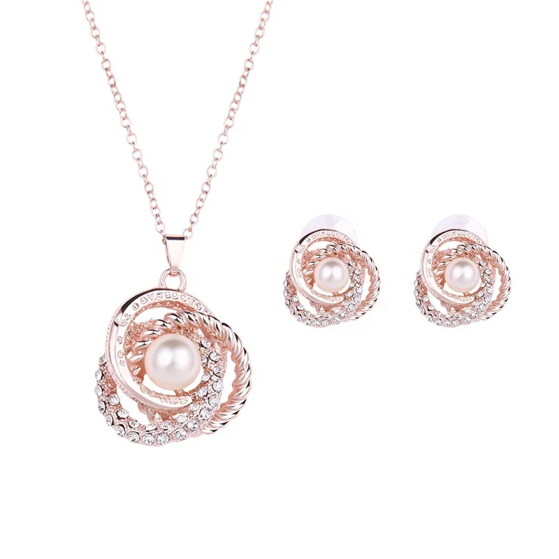 

PUSHI fine choker necklace high quality bridal accessories rhinestone earrings pearl necklace women jewelry set necklace, Rose gold color