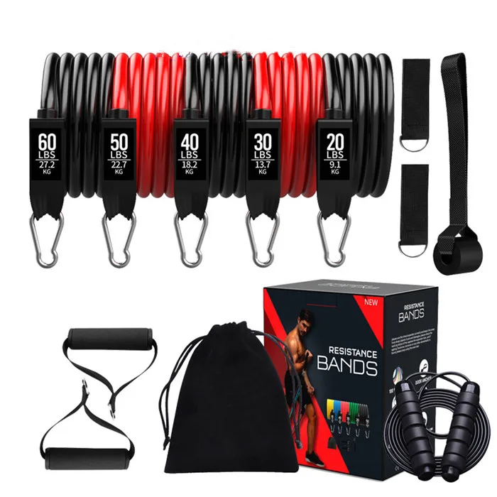 

Black red custom logo resistance band color box package strength training body 11pc resistance band set, Red,black