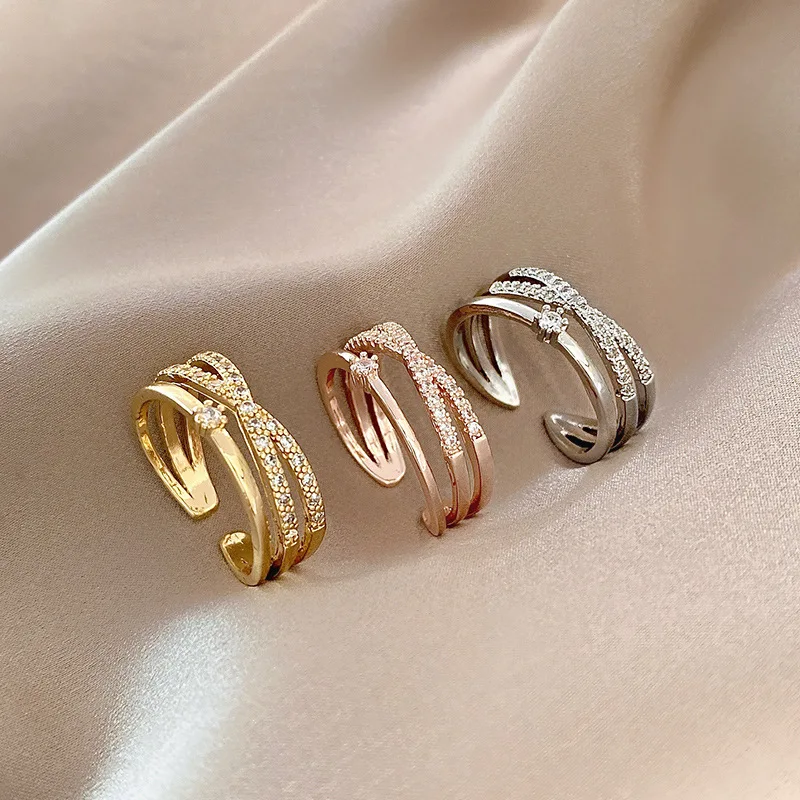 

Minimalist Real 18k Rose Gold Plated CZ Crystal Open Rings Adjustable Multi Layer Crossed Zircon Ringer Rings