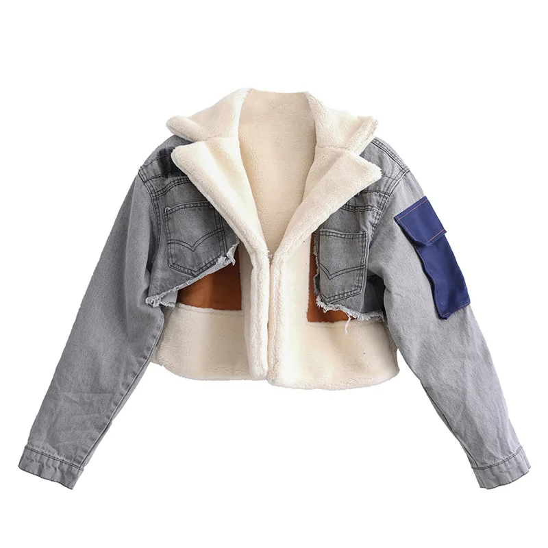 

High Quality 2022 Winter Faux Fur Women'S Jackets Coats Pockets Warm Coats Ladies Patchwork Short Fur Denim Jeans Jacket Women, Pink/white/blue and black/black short fur coat fur jacket