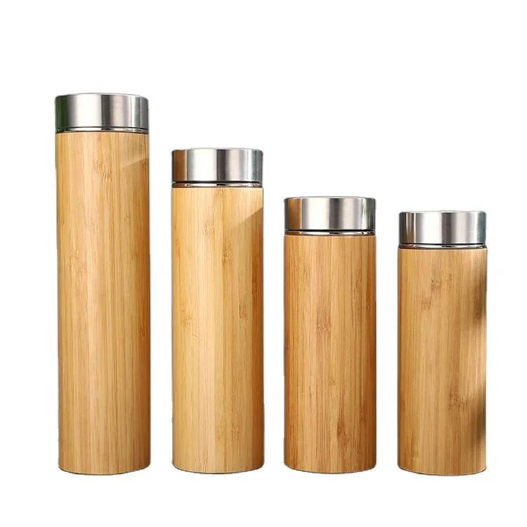 

MIKENDA Stainless Steel Cup 450ml Bamboo Wooden Water Bottles with tea infuser