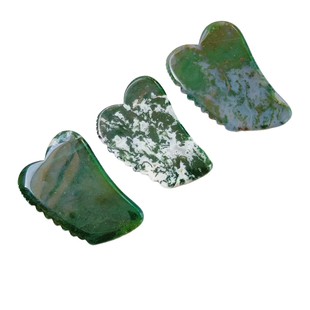 

Jagged square shape Natural High Quality moss agate Stone green Guasha Roller for Beauty and Healthy Care