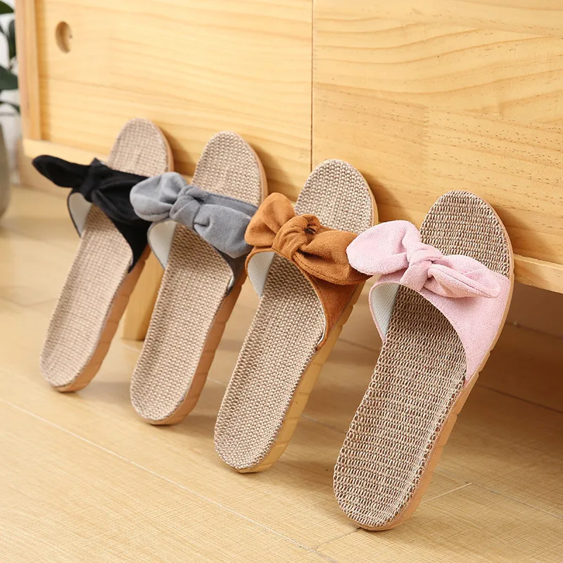 

Female Summer Indoor Outdoor Home Floor Non-slip Office Sandals Home Cute Bowknot Linen Slippers, As the picture display