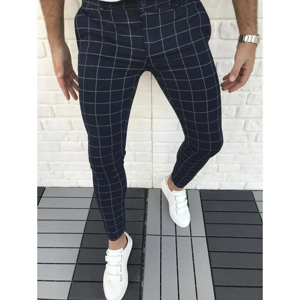 

Wholesale 2021 New Men Grid Printing Pockets Pants Outdoor Formal Business Casual Slim Trousers Long Pencil Pants