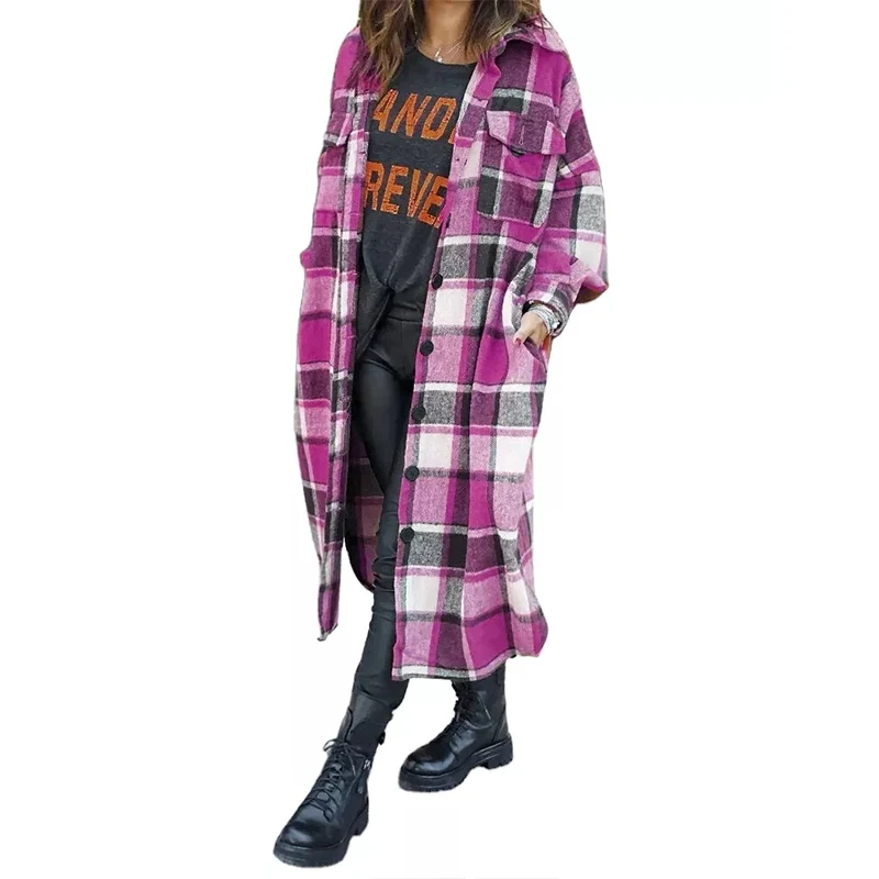 

Women Long Wool Plaid Shirt Jacket Long Sleeve Lapel Shirt Shacket Top Casual Cardigan Windbreaker Outerwear