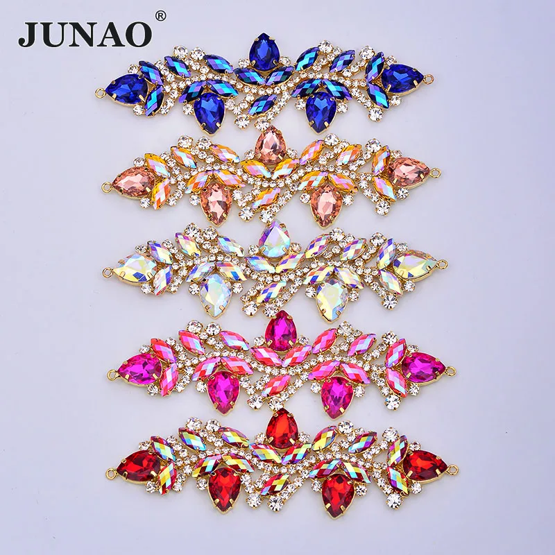

JUNAO 45*140mm Sew On Rose AB Strass Bikini Connector Gold Claw Crystal Flower Applique Sewing Flatback Glass Rhinestone Chain