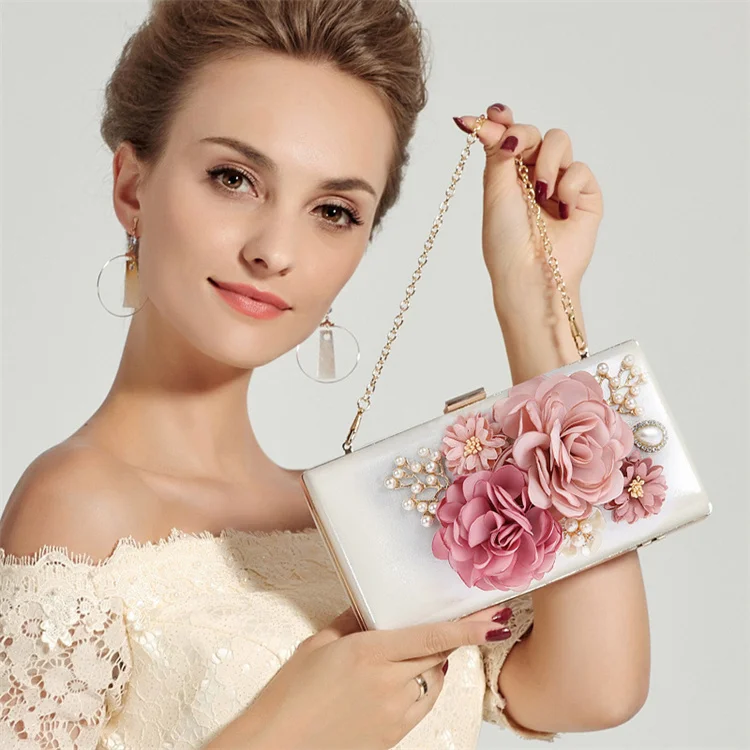 

Luxury Wedding Bride Clutch Bag Party Handbag Purses Handmade Fabric Flowers Pearl Evening Bag, 9 colors