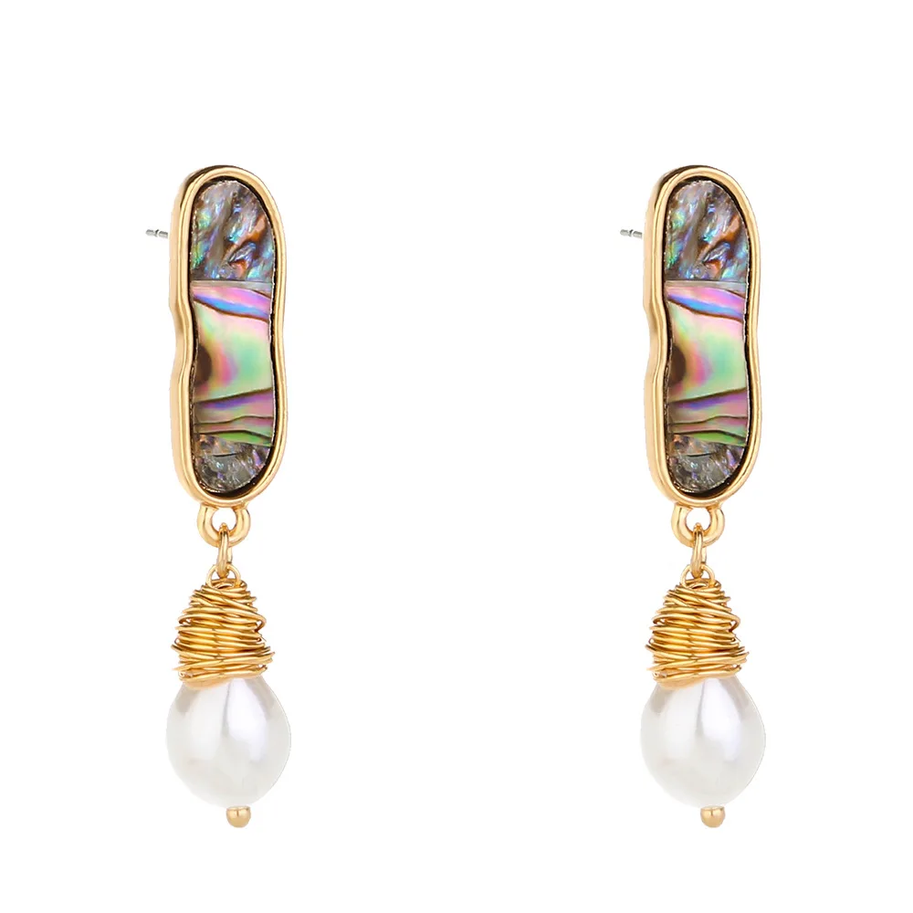 

Best Selling Gold Plated Colorful Abalone Shell Stud Earrings Natural Freshwater Baroque Pearl Pendant Earring