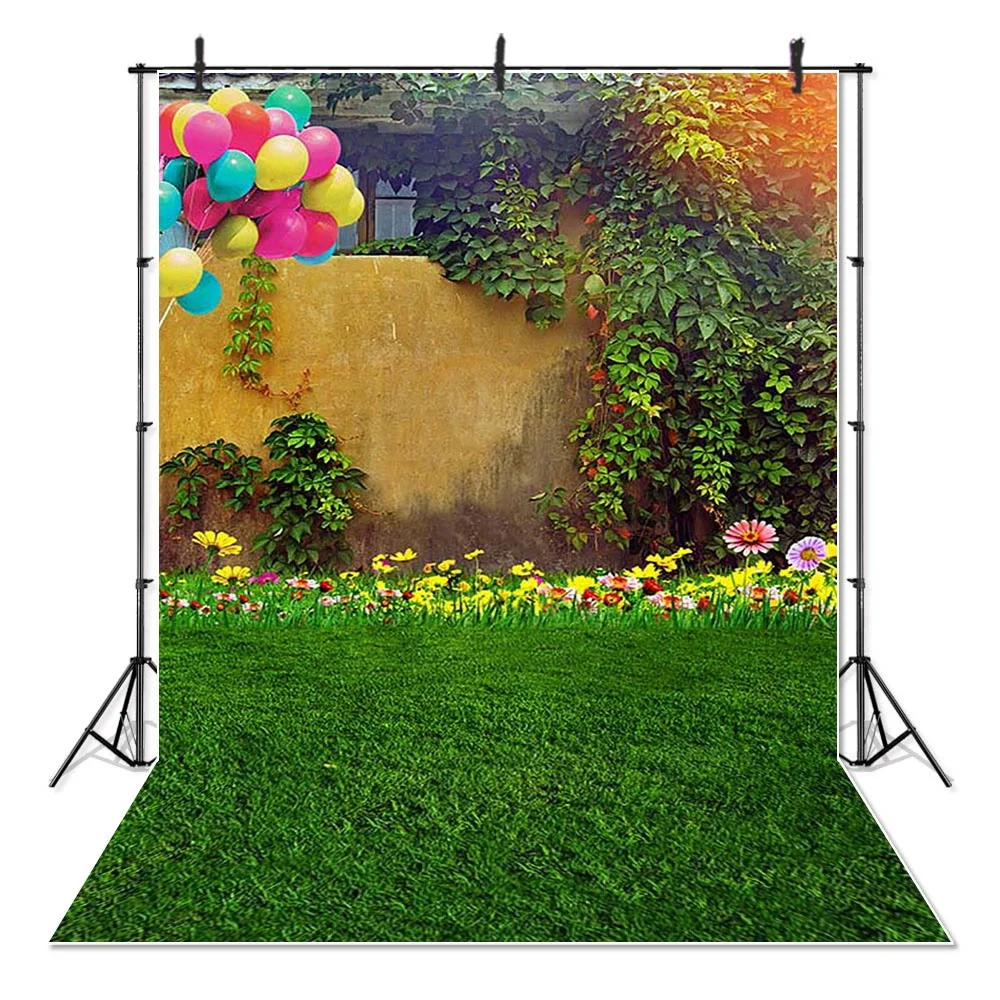 

Spring Garden Green Grass Photography Backdrop Flowers Kids Children Photo Booth Background, Customized