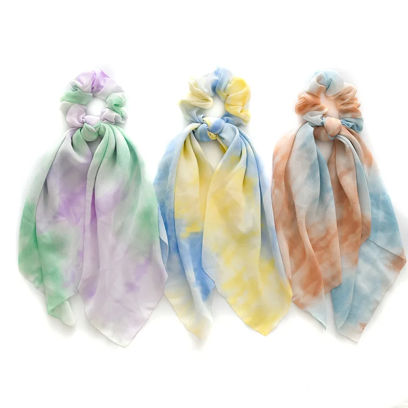 

New Arrivals Women Tie Dye Scrunchies Chiffon Elastic Hair Band Bow Scarf Hair Ties, 12 colors