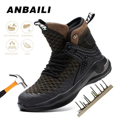 

Wholesale Flying Woven High Top Labor Protection Shoes Men Anti-smash Puncture Safety Non-slip Work Shoes For Men's Ankle Boots, Black