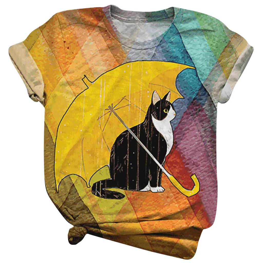 

3D Animal T-shirt Cat Top Tee Umbrella Printed O-neck Short Sleeve Top T-shirt