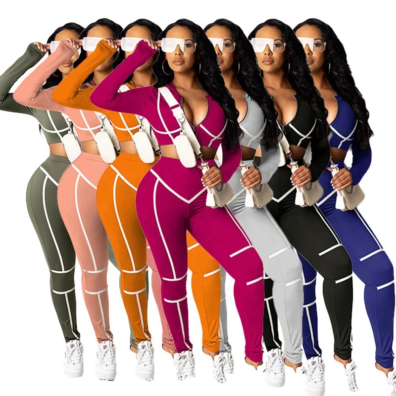 

Custom Logo 2021 Ensemble Tailleur Femme Long Sleeve Bodycon Cozy SetV Neck Zip Tracksuit Set Women Sweatsuit Set