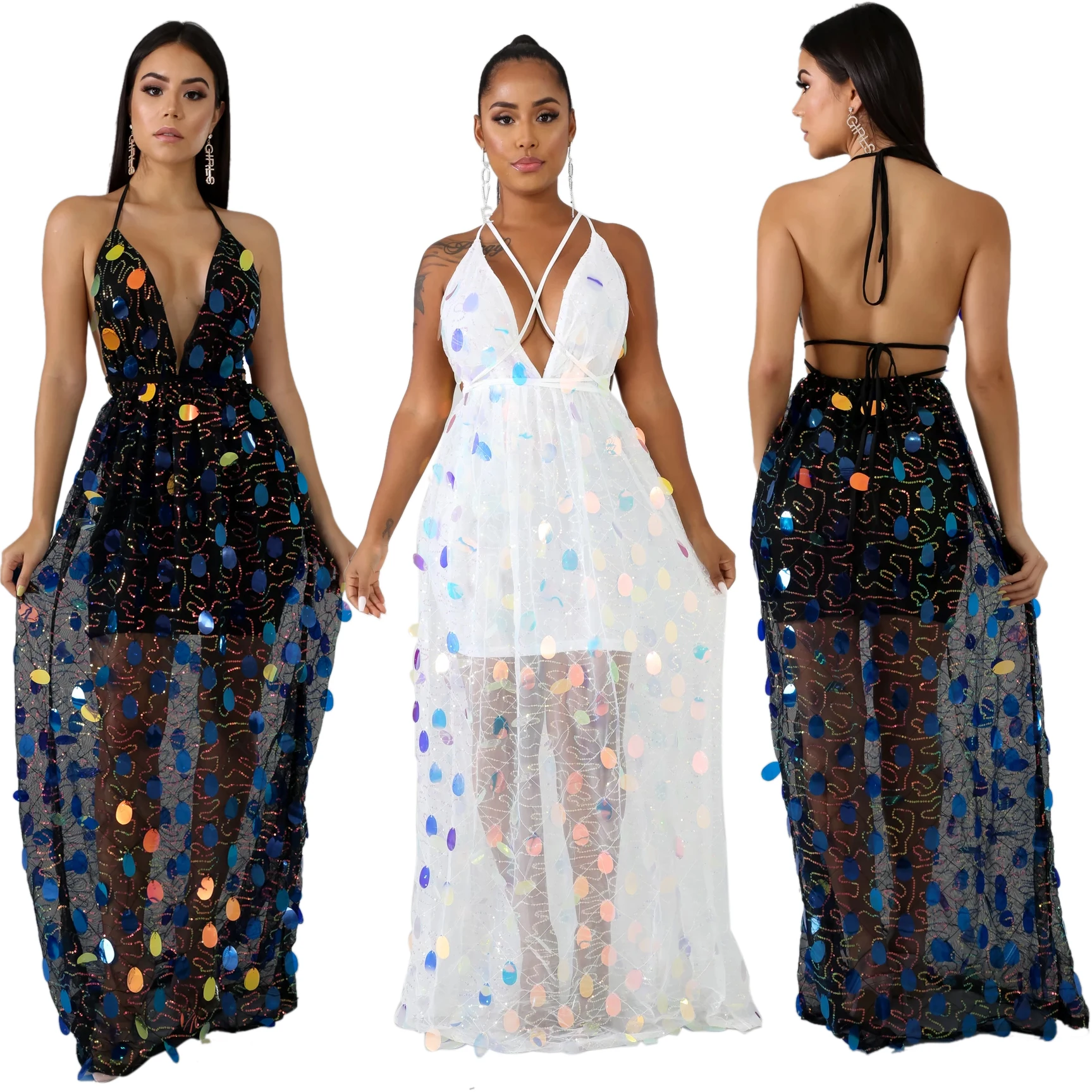 

Wholesale Women Sleeveless Backless Deep V- Neck Dress Female Sequin Dresses Women Party