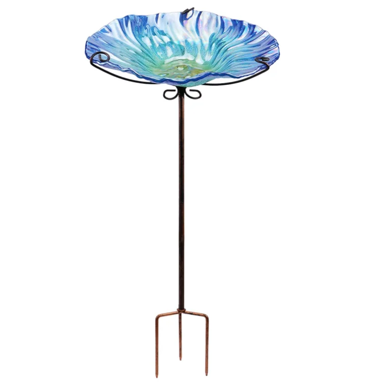 

26 Inch Height with Metal Stake Garden Outdoor Blue Glass Birdfeeder Birdbath