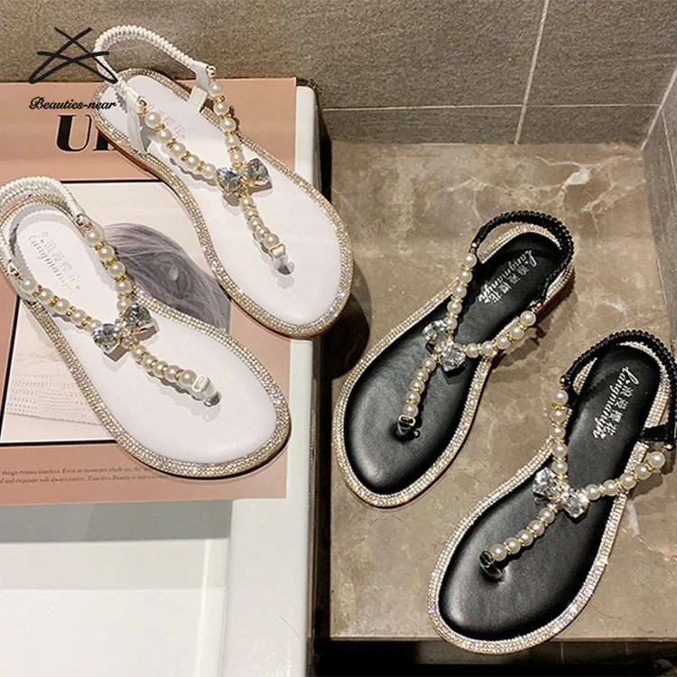 

RTS Fashion women summer outdoor beach pearl white black flat shoes bohemia toe thong jelly shoes lady sandal