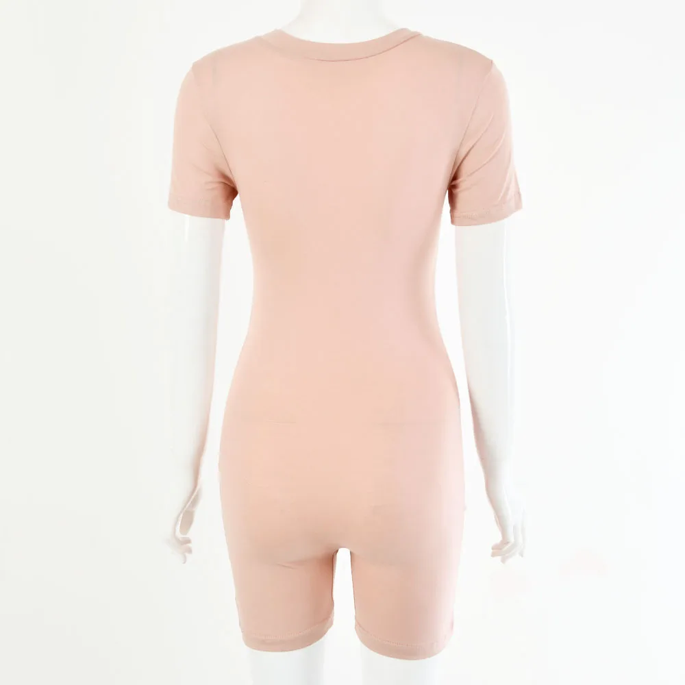 

Wholesale Solid color short sleeve front zip woman rombers and jumpsuits, As pictures