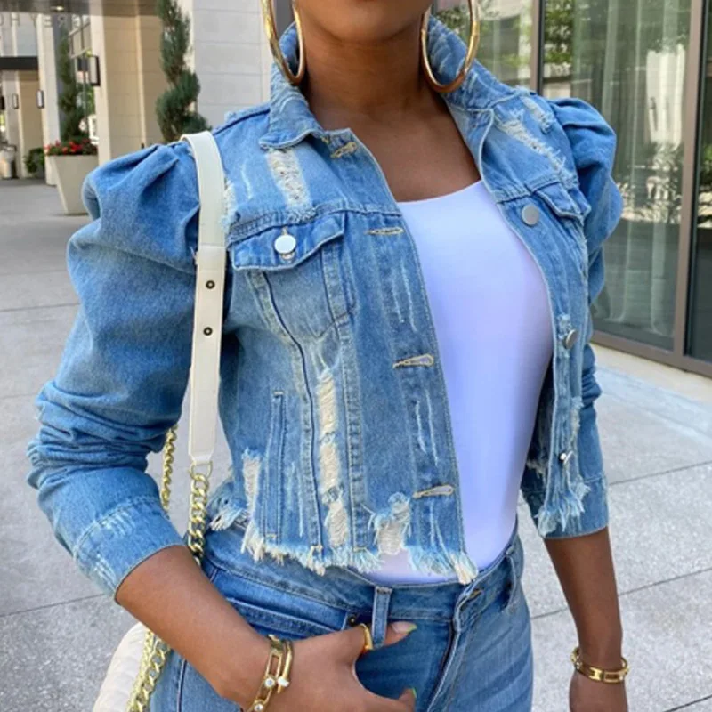 

2021 Fall Denim Jean Jacket New Women's Crop Top Fashion Puff Sleeve Plus Size Women Coat Casual Ripped Holes Denim Jacket, 3 colors