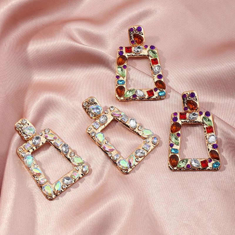 

Wholesale Fashion Women Jewelry Geometric Crystal Rhinestone Drop Earrings Creative Colorful Diamond Rectangle Pendant Earrings