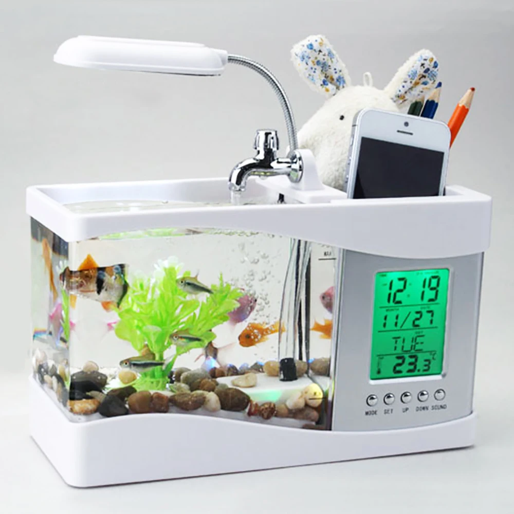 

Aquarium product multifunctional usb mini small ecological fish tank office desk decoration with clock table lamp