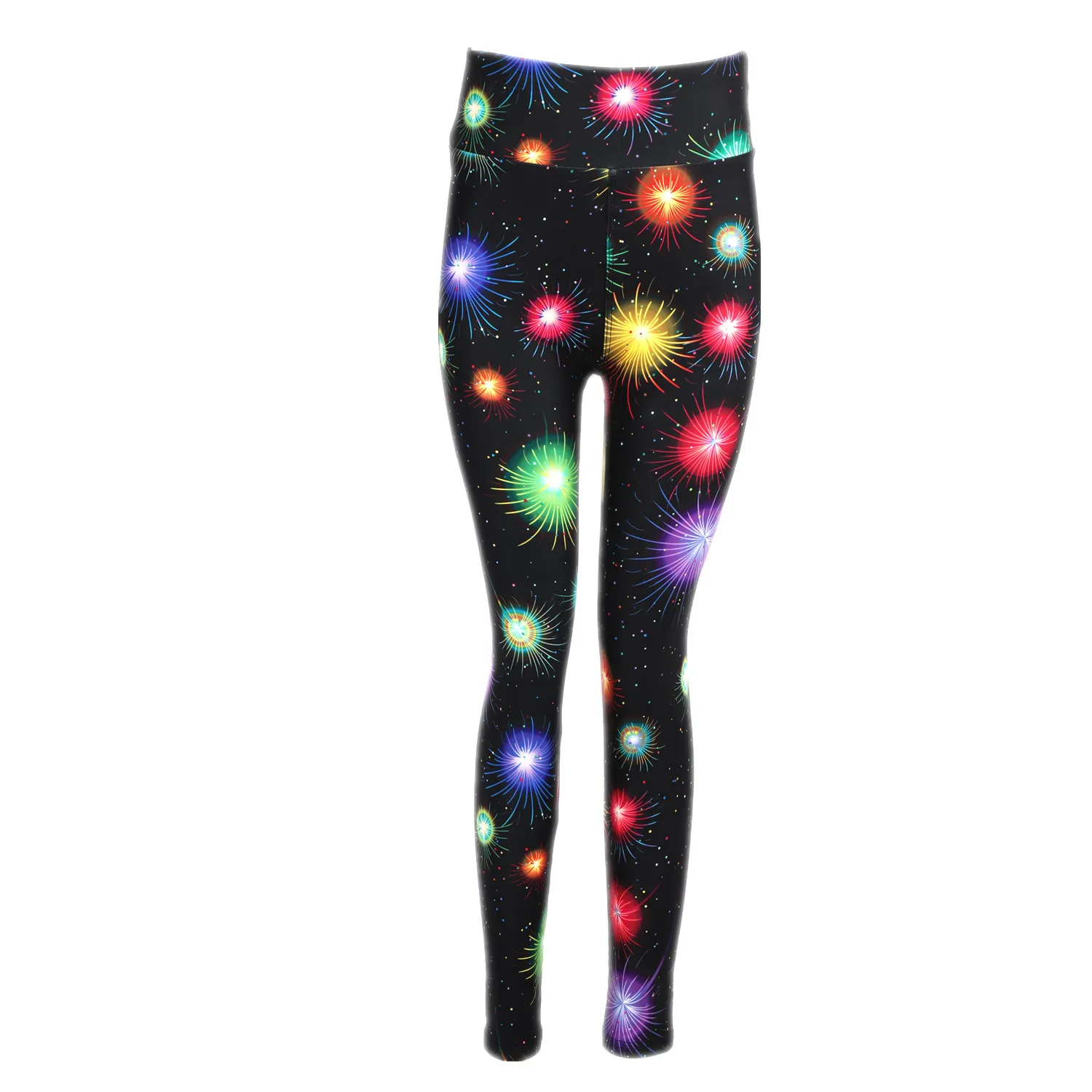 

Wholesale 92/8 polyester spandex high quality stretch pants buttery soft women girls holidays magic fireworks black leggings, Customized colors