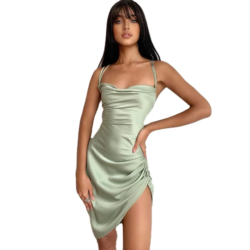 

Spring and summer 2021 new sexy suspender strap open back pleated irregular dress