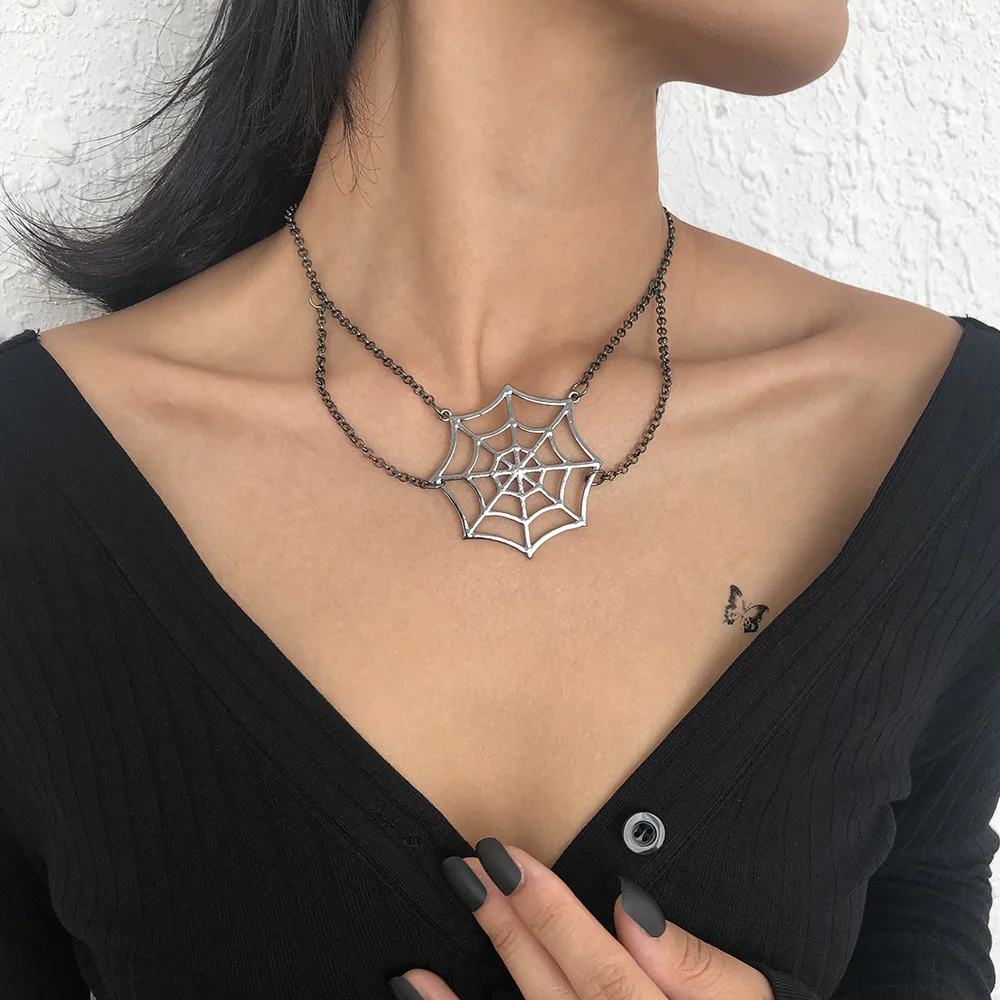 

Western fashion alloy necklace halloween personality funky necklace spider web choker necklace for women girls