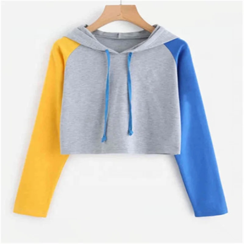 

Crop Top Casual Long Sleeve Female Sweatshirts Patchwork Crop Hooded Hoodie Women, Yellow-blue/white-gray/gray-pink/black-red