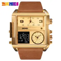 

SKMEI 1391 unique gold men quartz watch superior PU leather band square Multi function big Casual relogio musculino