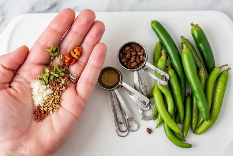 Chef's hand holding various pepper substitutes next to fresh jalapenos with measuring spoons showing proper ratios
